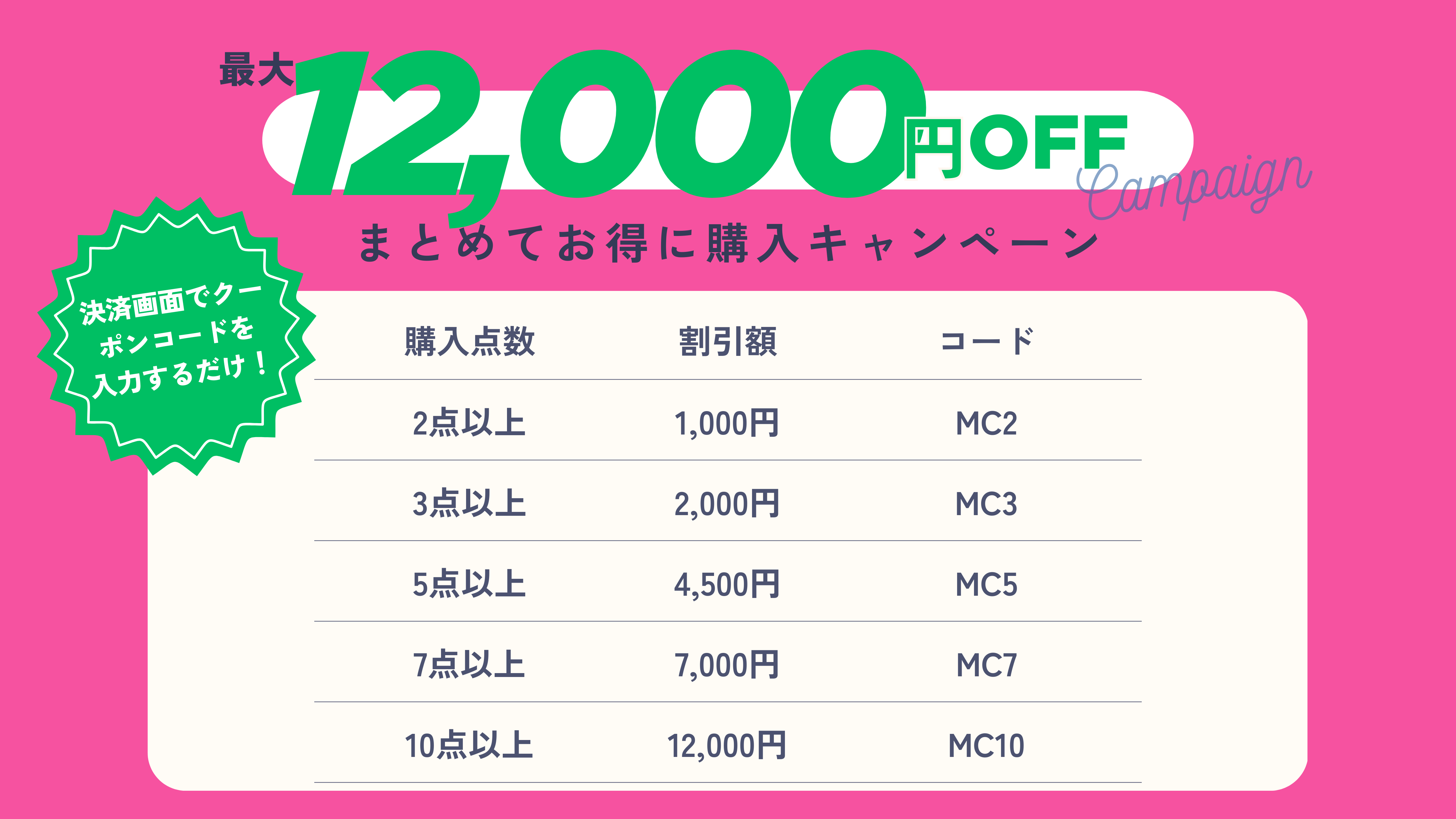 最大12,000円オフ!「まとめてお得に購入キャンペーン」 最大12,000円オフ!「まとめてお得に購入キャンペーン」