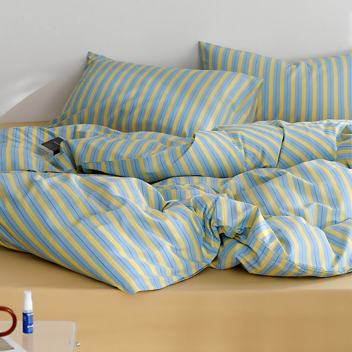 イエローブルーストライプコットン寝具セット