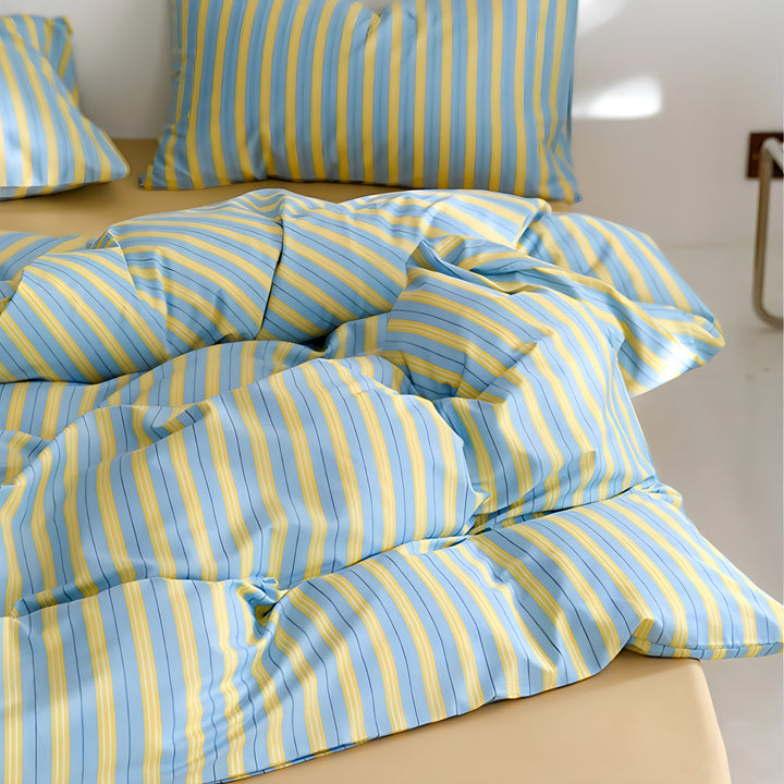 イエローブルーストライプコットン寝具セット