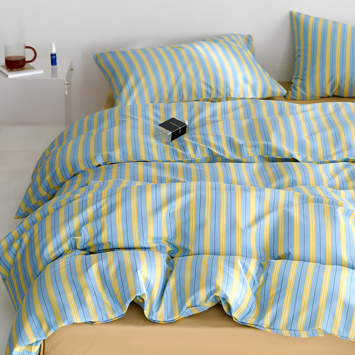 イエローブルーストライプコットン寝具セット