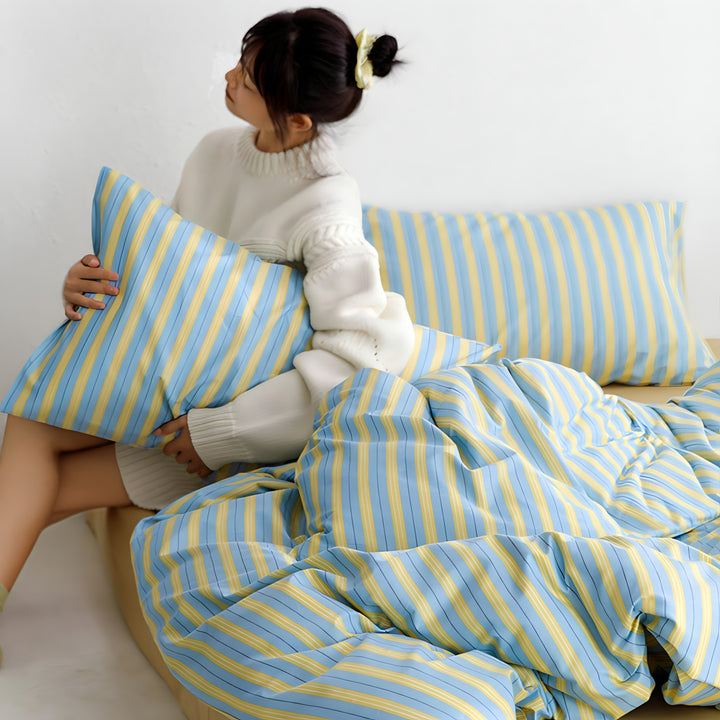 イエローブルーストライプコットン寝具セット