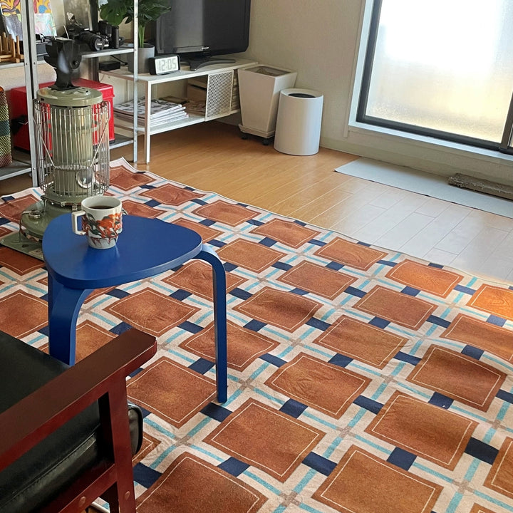 レトロパターンブロックチェックラグカーペット