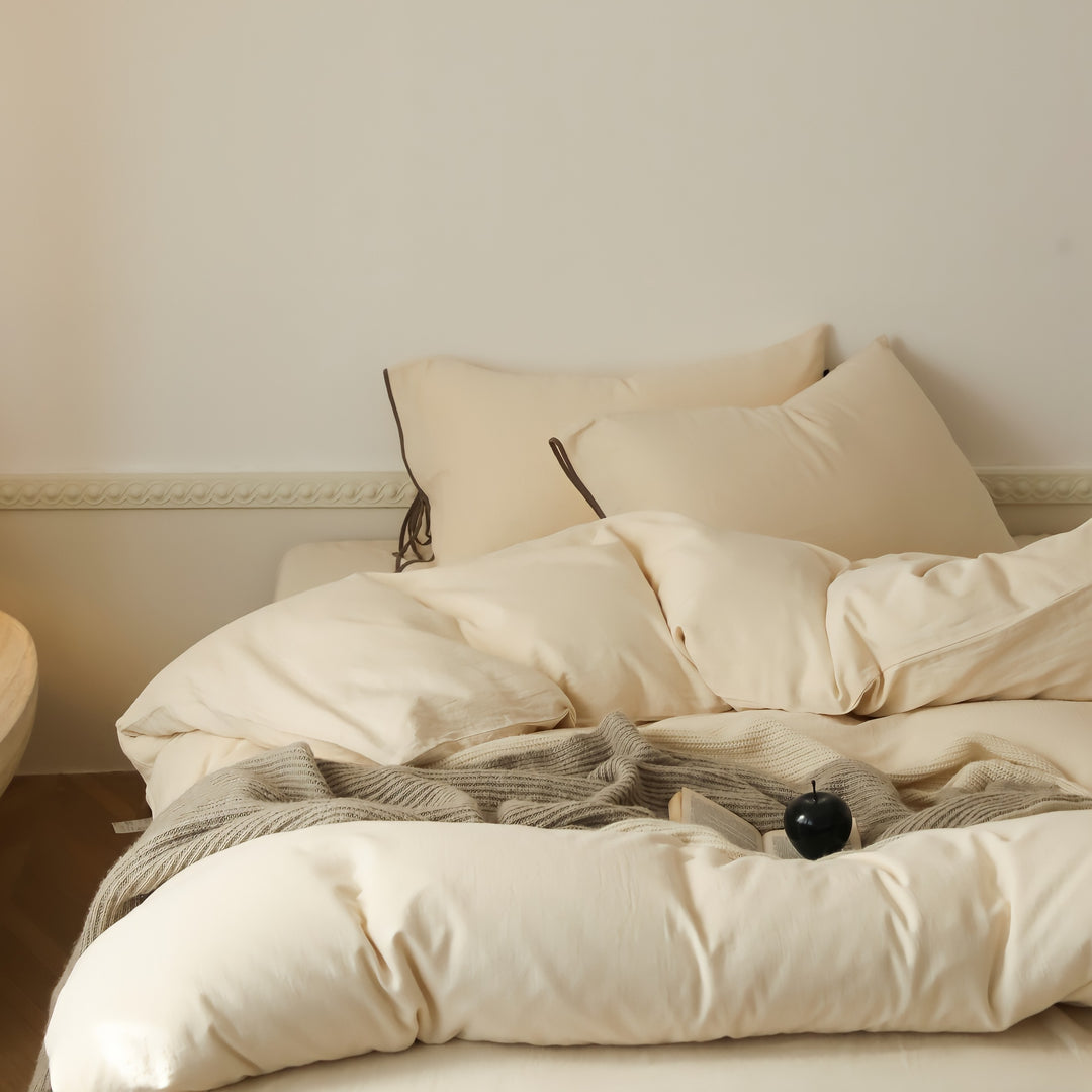 無地コットンパイピングリボン寝具セット チーズ