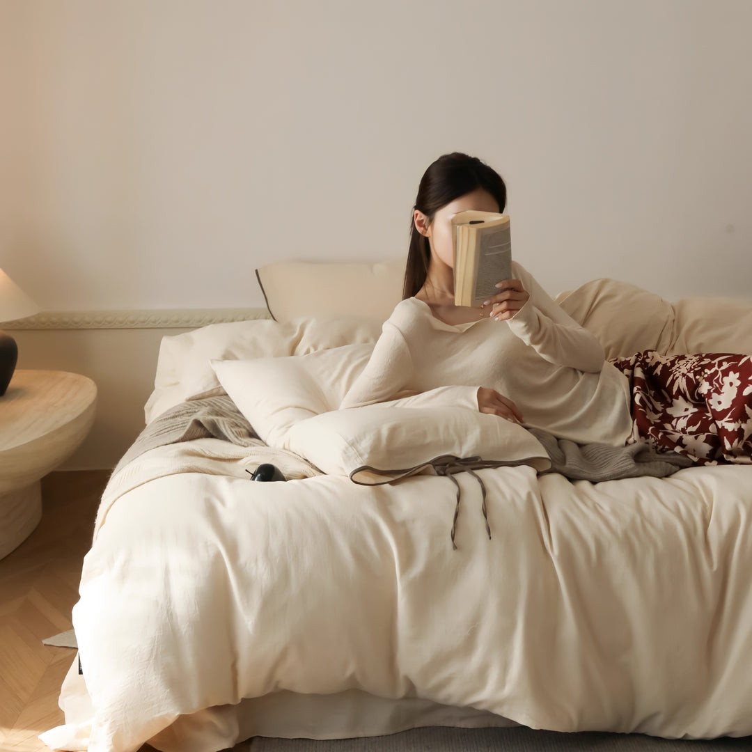 無地コットンパイピングリボン寝具セット チーズ