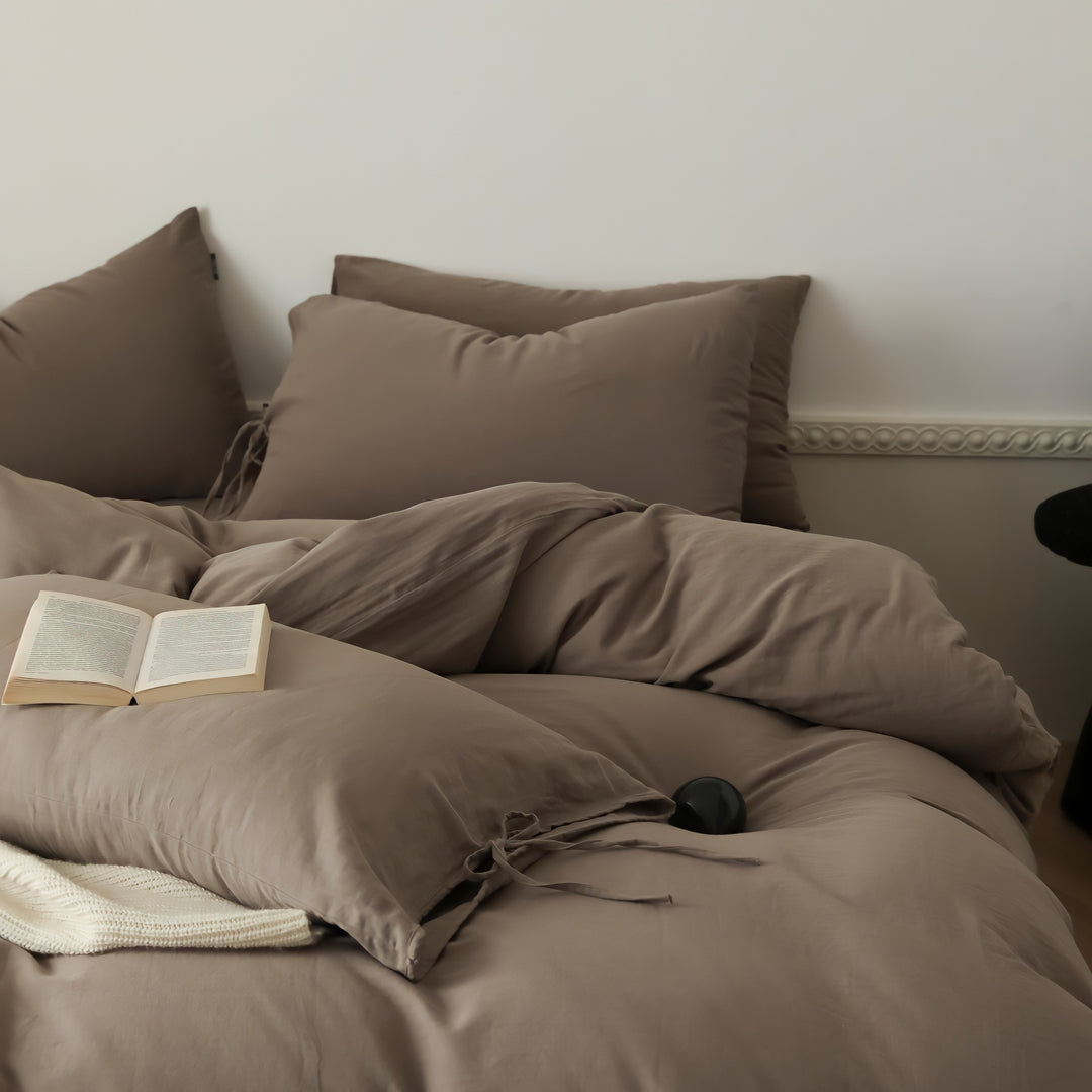 無地コットンパイピングリボン寝具セット ココア