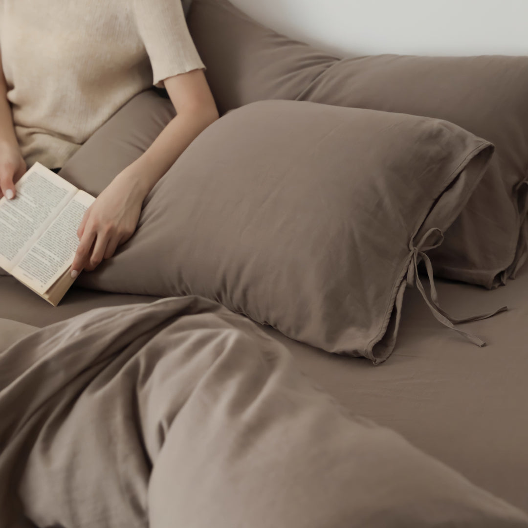 無地コットンパイピングリボン寝具セット ココア