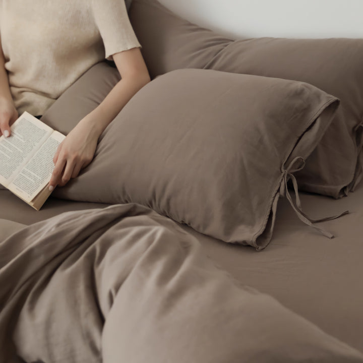 無地コットンパイピングリボン寝具セット ココア