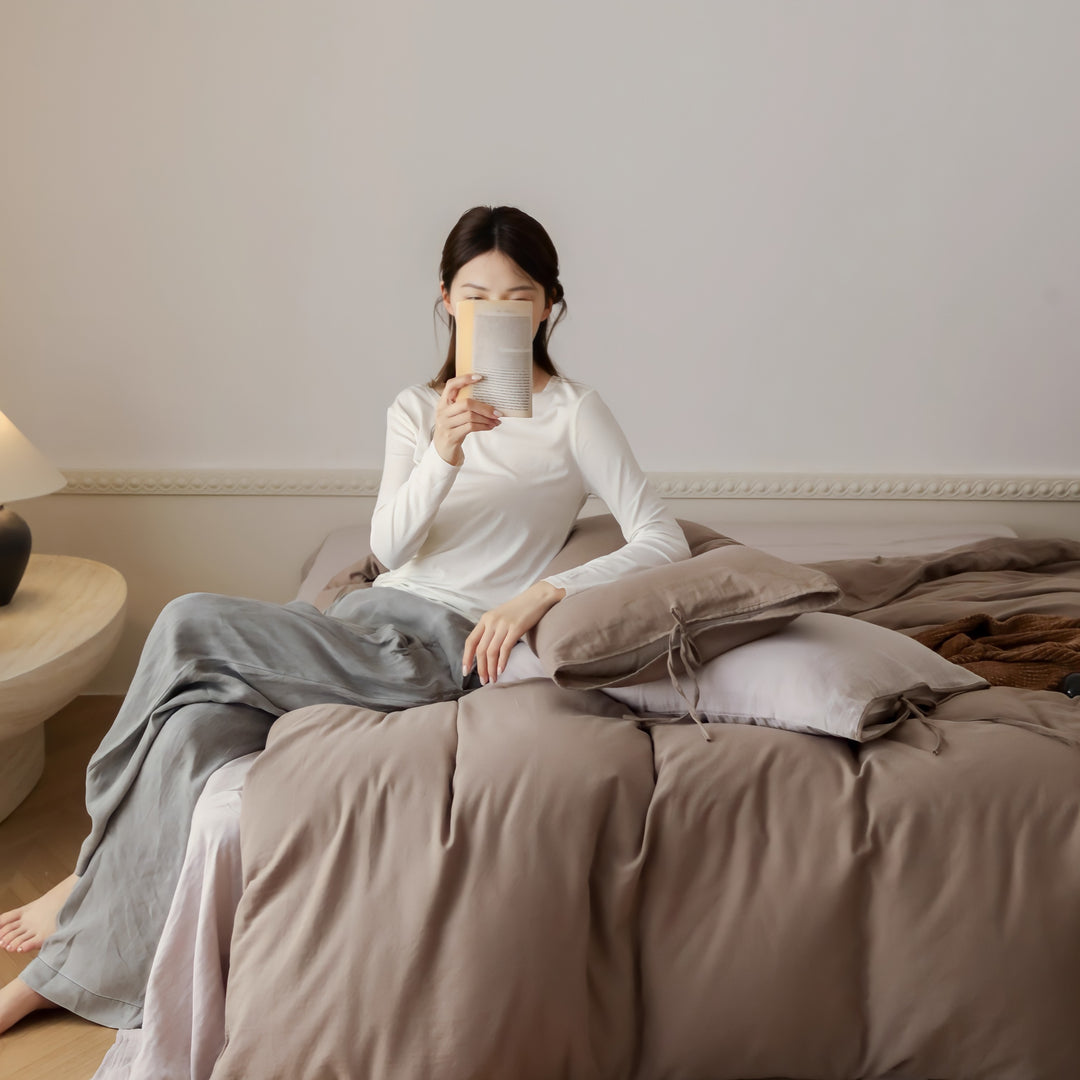 無地コットンパイピングリボン寝具セット コーヒー