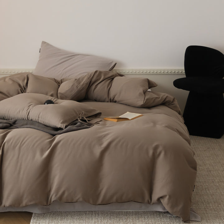 無地コットンパイピングリボン寝具セット コーヒー