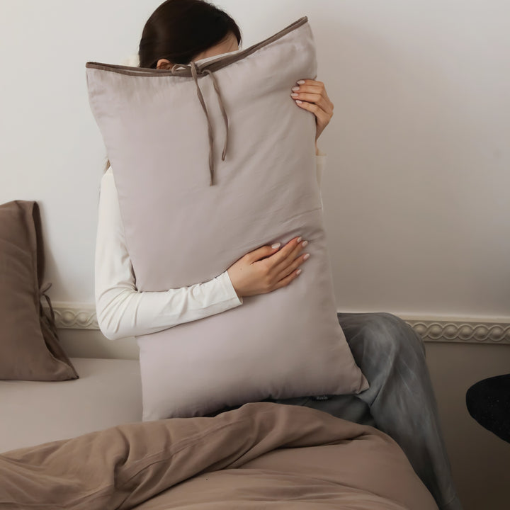 無地コットンパイピングリボン寝具セット コーヒー