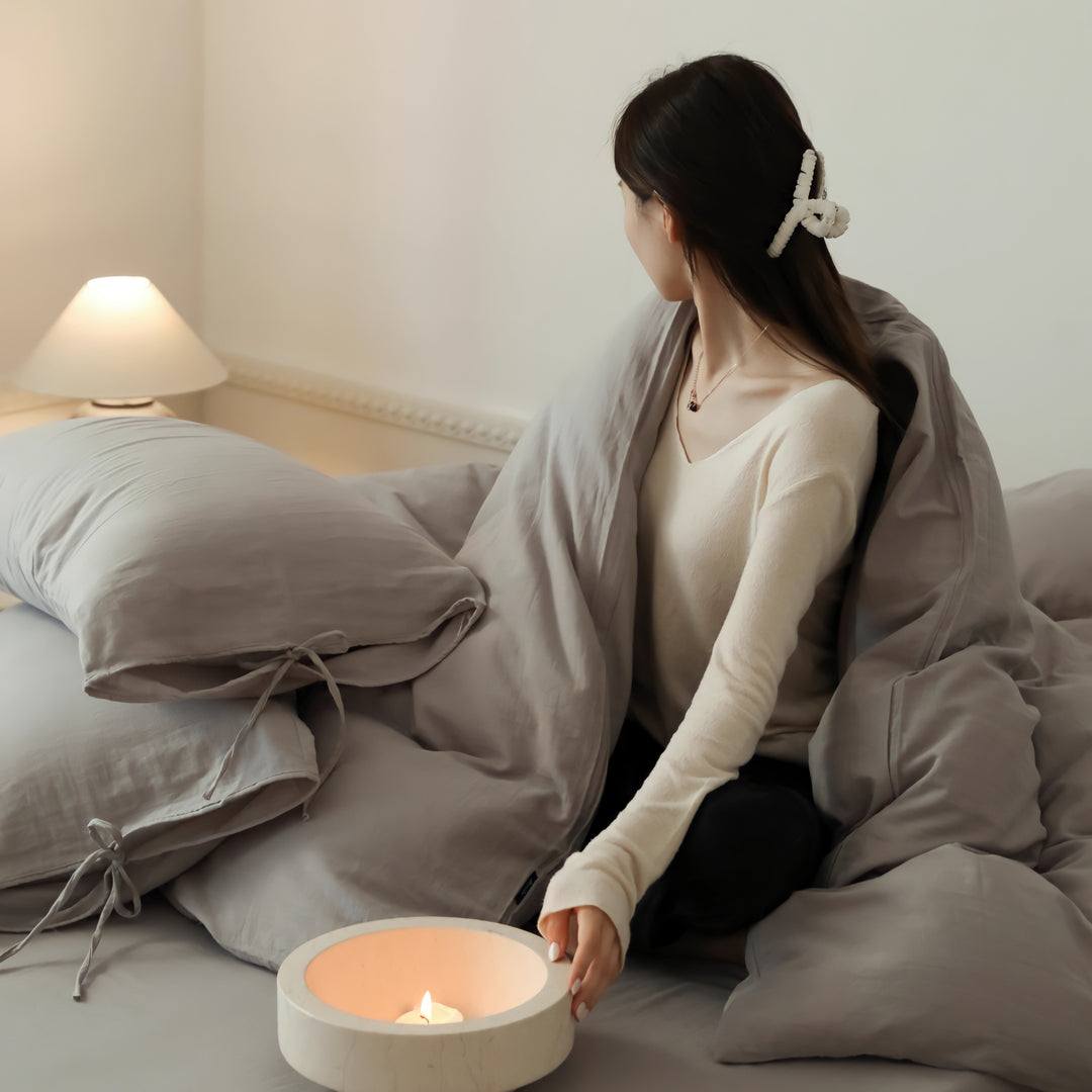 無地コットンパイピングリボン寝具セット グレー