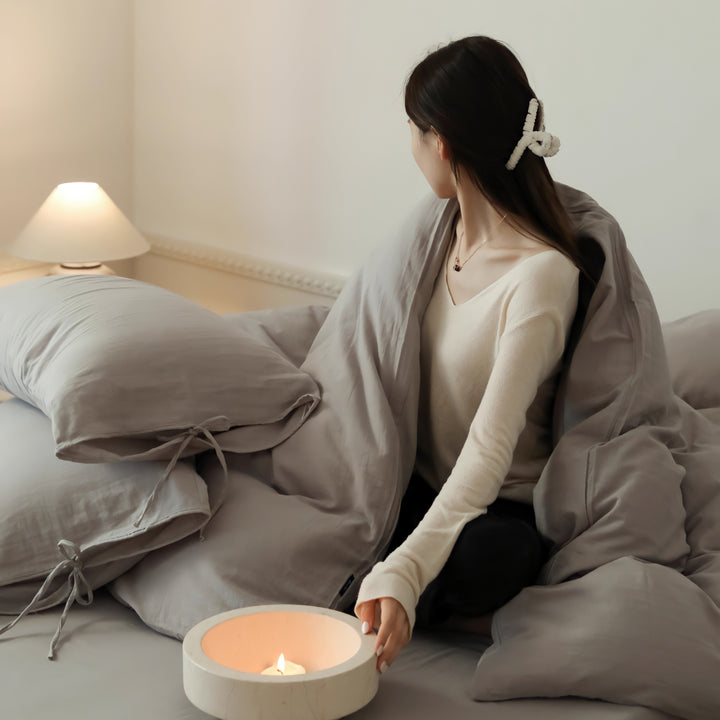 無地コットンパイピングリボン寝具セット グレー