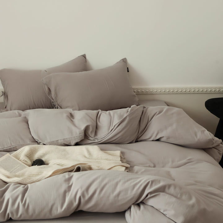 無地コットンパイピングリボン寝具セット グレー
