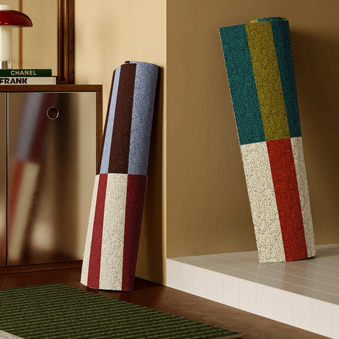 Modern Striped Door Mat, Burgundy Navy