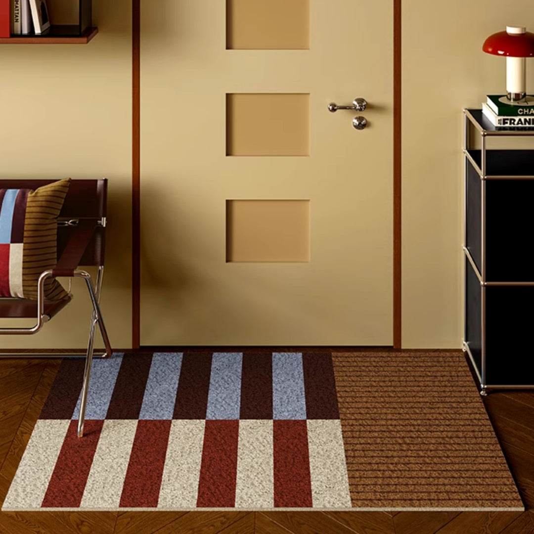 Modern Striped Door Mat, Burgundy Navy