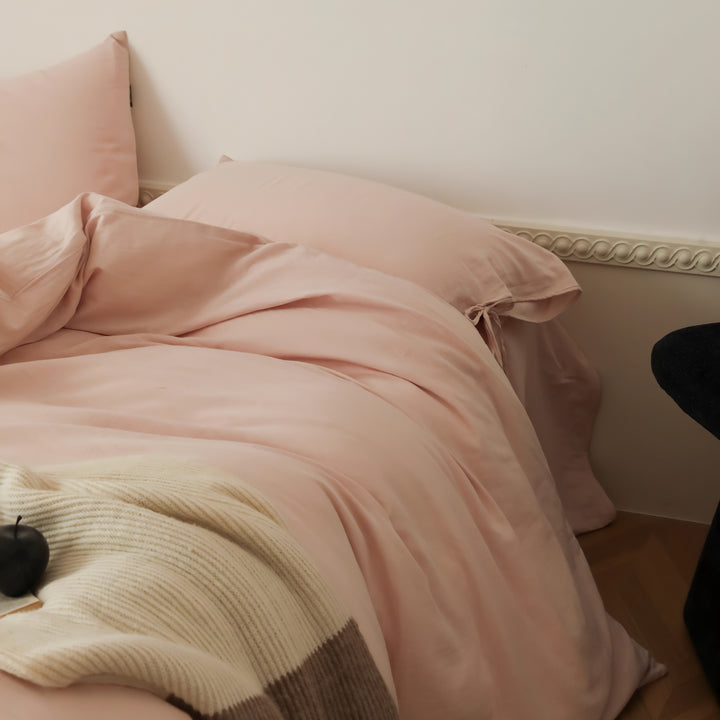 無地コットンパイピングリボン寝具セット ピンク