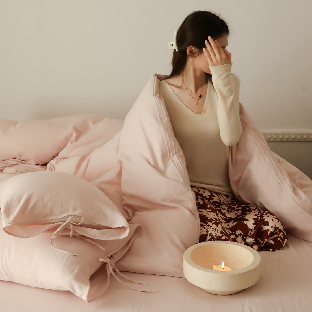 無地コットンパイピングリボン寝具セット ピンク