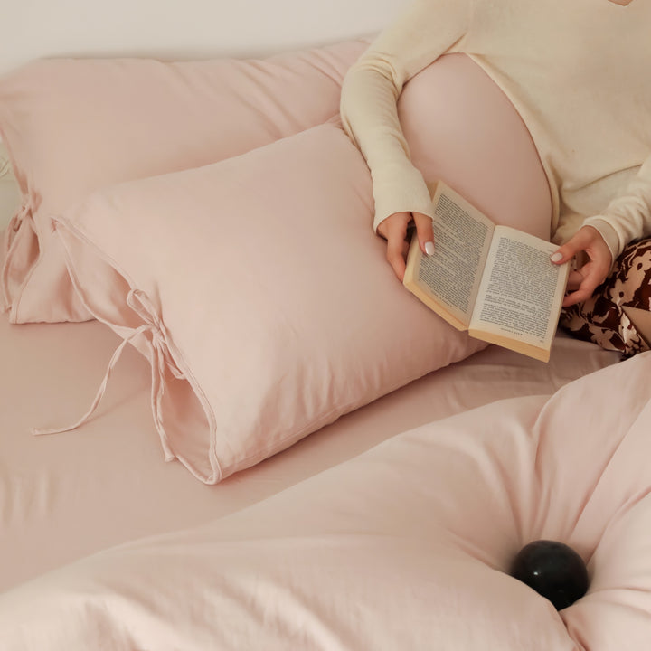 無地コットンパイピングリボン寝具セット ピンク