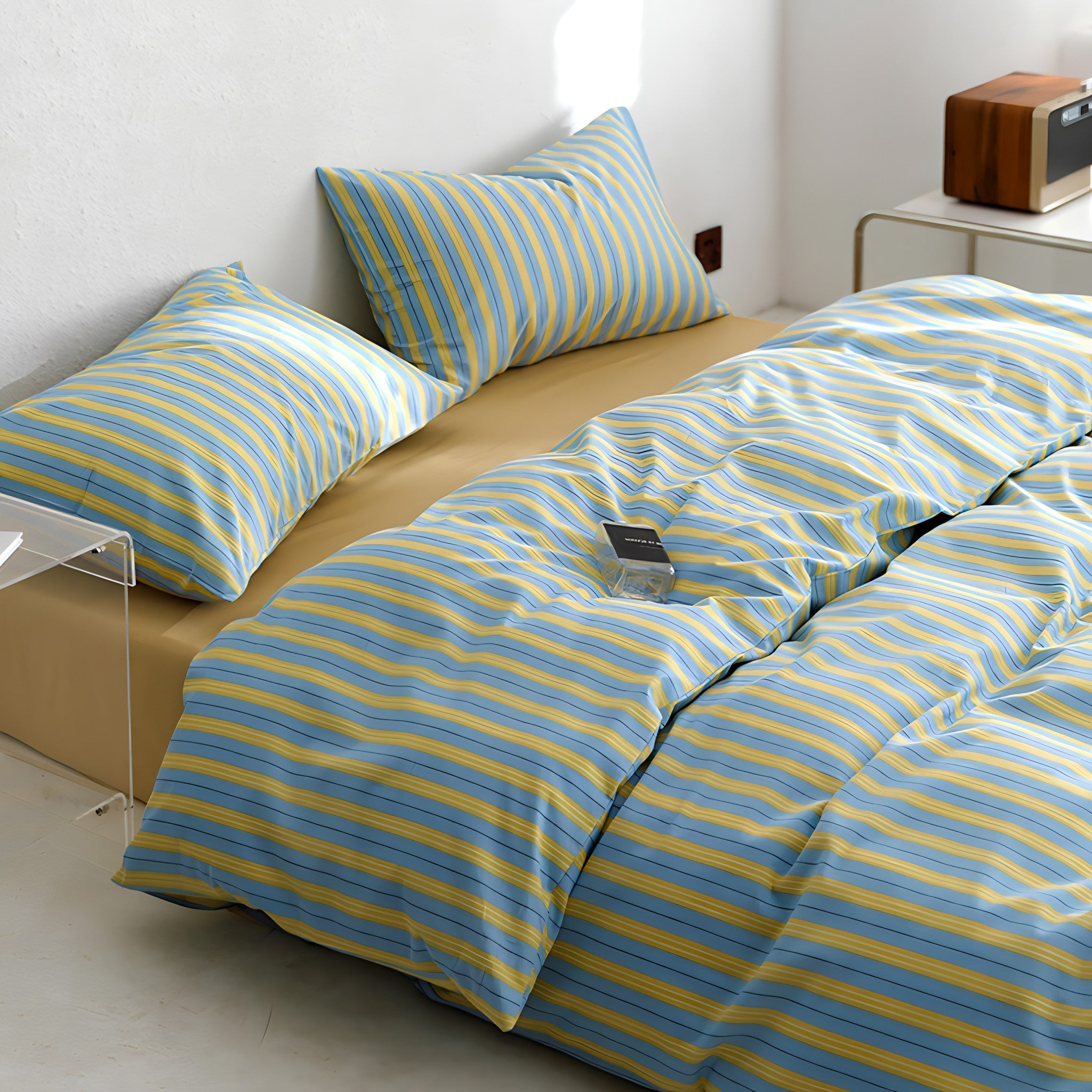 イエローブルーストライプコットン寝具セット