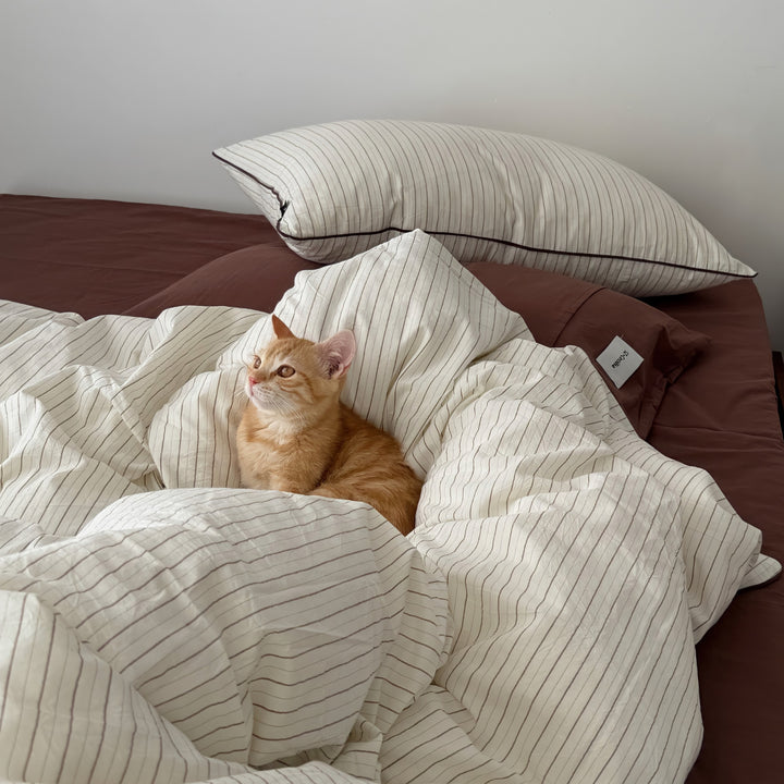 Pure Cotton Washed Cotton Simple Striped Bedding Set Brown