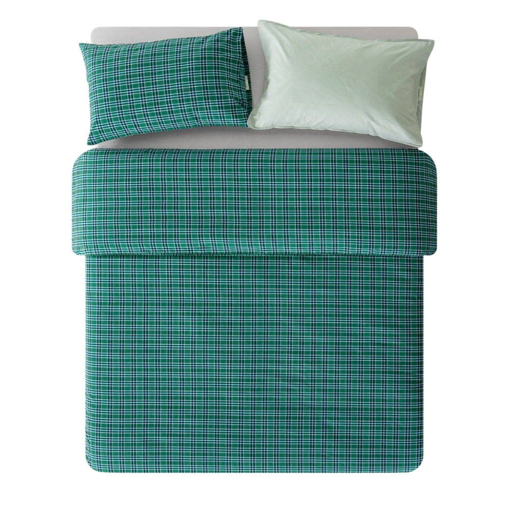 ピュアコットンチェック柄寝具カバー エメラルドグリーン