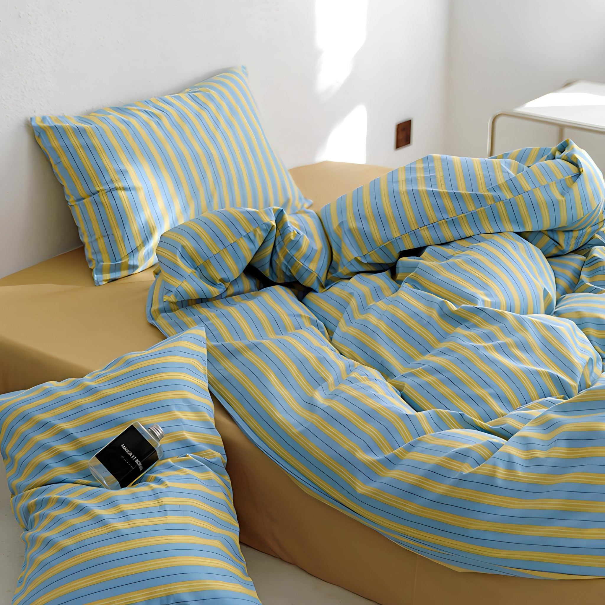 イエローブルーストライプコットン寝具セット