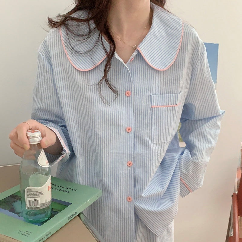 Round collar striped long sleeve pajamas