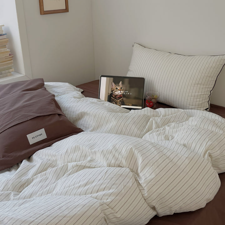 Pure Cotton Washed Cotton Simple Striped Bedding Set Brown