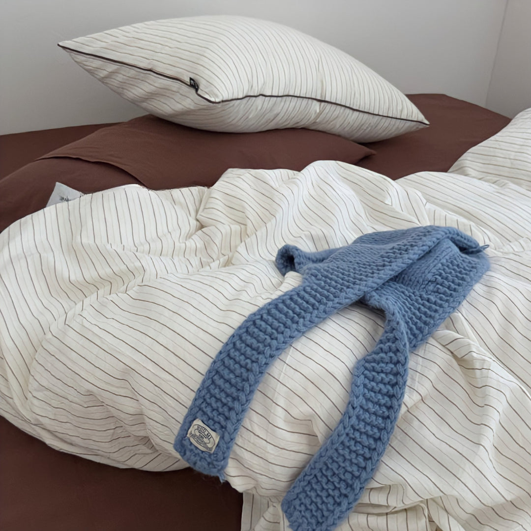 Pure Cotton Washed Cotton Simple Striped Bedding Set Brown