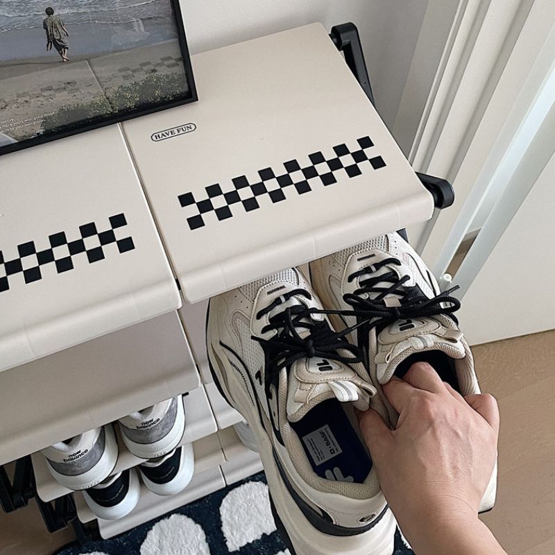 簡単組み立て モノクロ チェック柄 シューズラック kocol