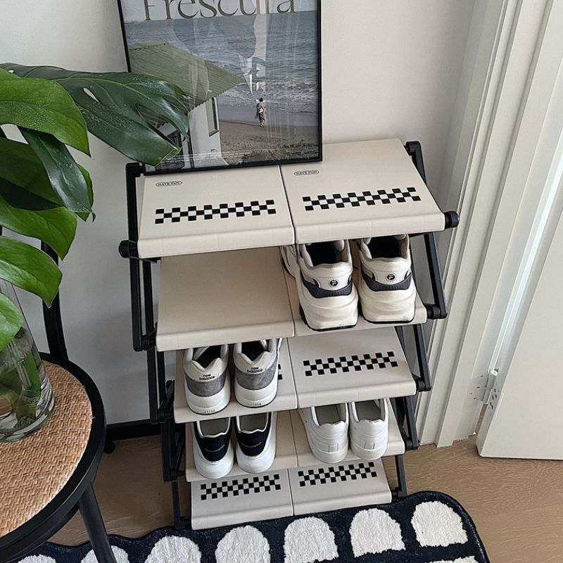 簡単組み立て モノクロ チェック柄 シューズラック kocol