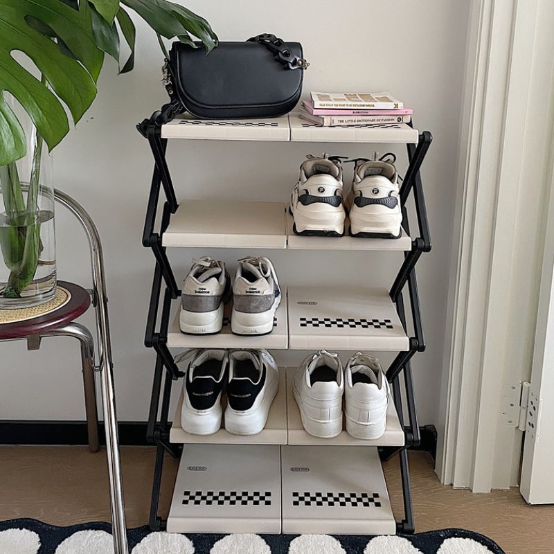 簡単組み立て モノクロ チェック柄 シューズラック kocol