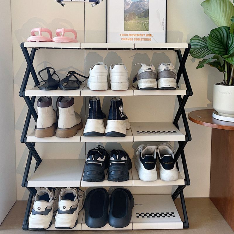 簡単組み立て モノクロ チェック柄 シューズラック kocol