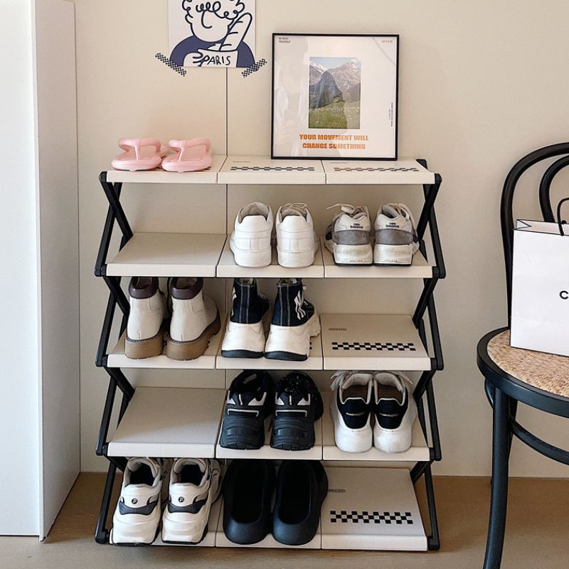 簡単組み立て モノクロ チェック柄 シューズラック kocol