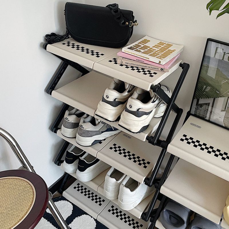 簡単組み立て モノクロ チェック柄 シューズラック kocol