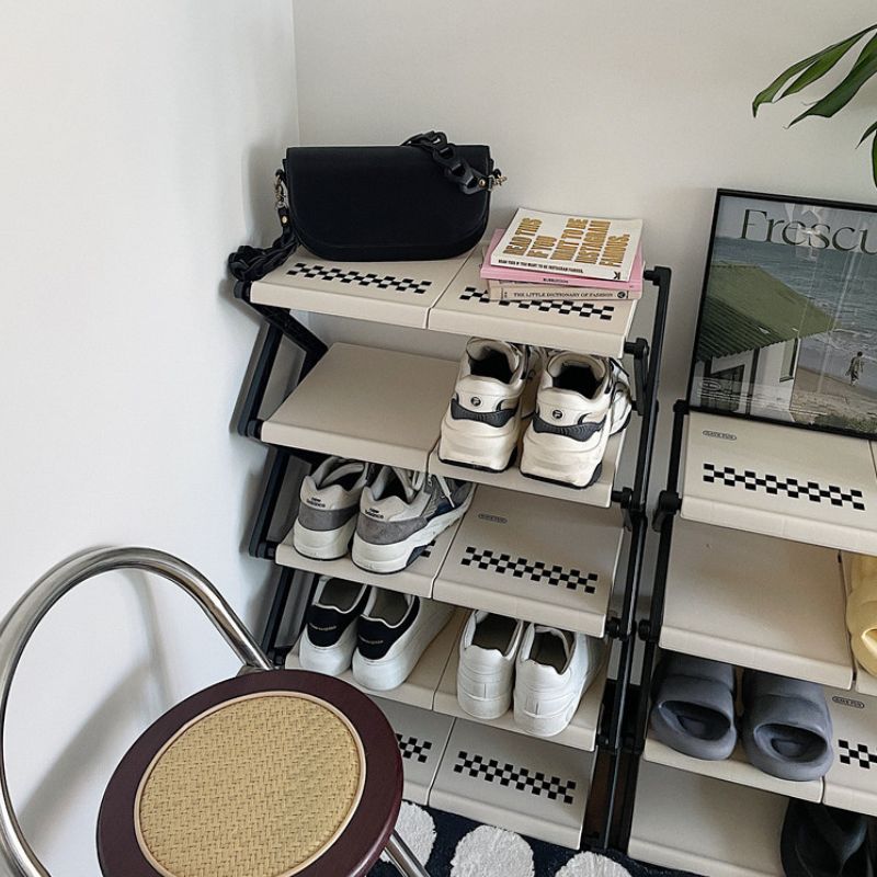 簡単組み立て モノクロ チェック柄 シューズラック kocol