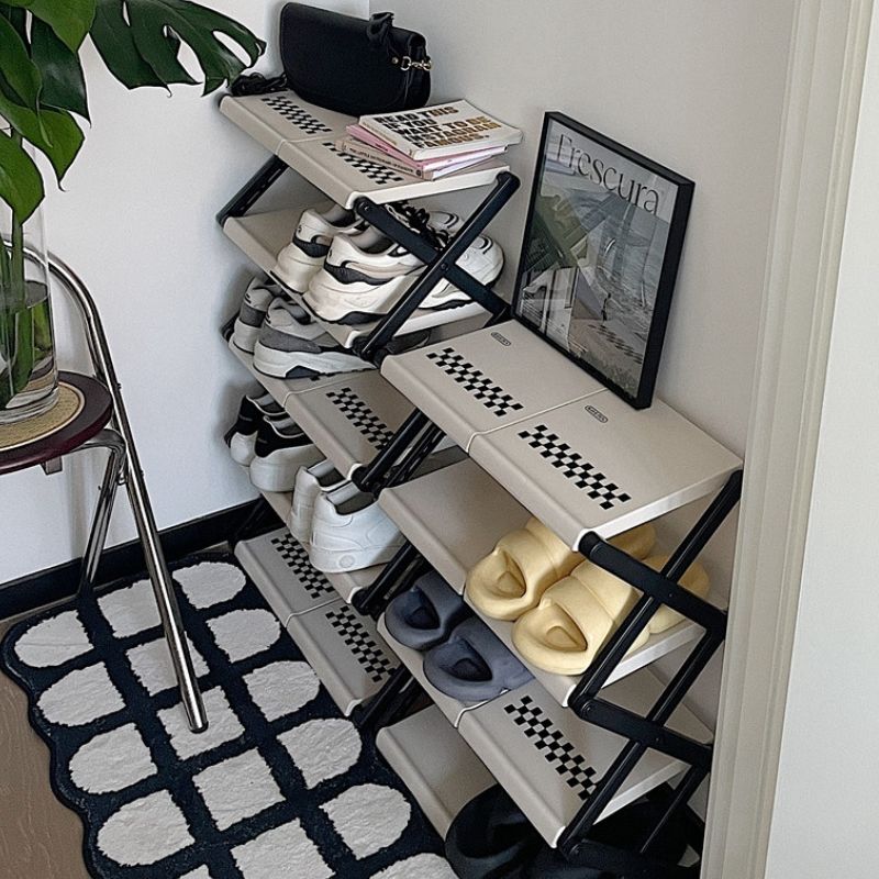 簡単組み立て モノクロ チェック柄 シューズラック kocol