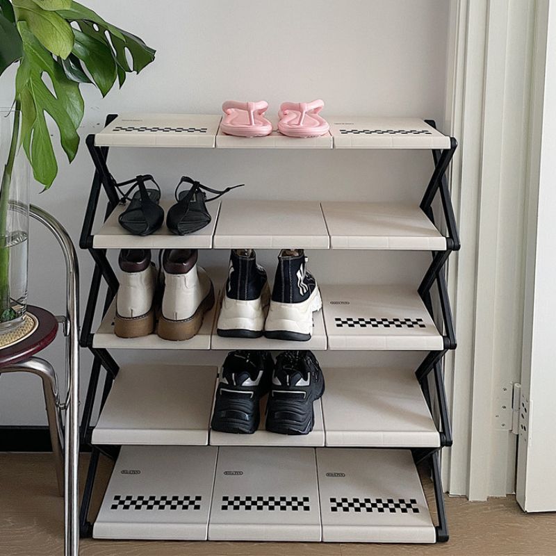 簡単組み立て モノクロ チェック柄 シューズラック kocol