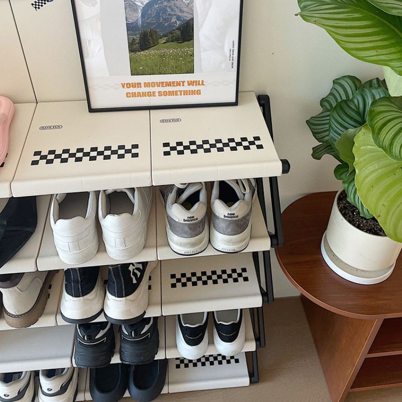 簡単組み立て モノクロ チェック柄 シューズラック kocol