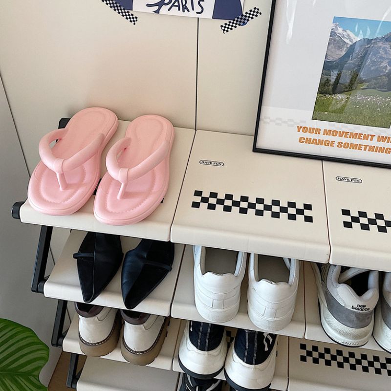 簡単組み立て モノクロ チェック柄 シューズラック kocol