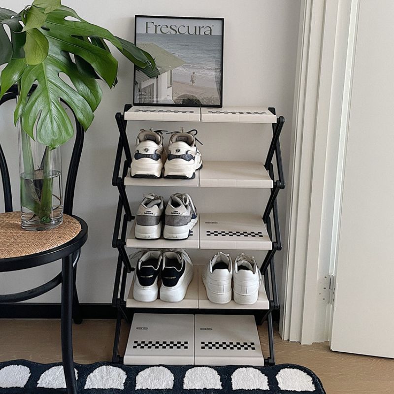 簡単組み立て モノクロ チェック柄 シューズラック kocol