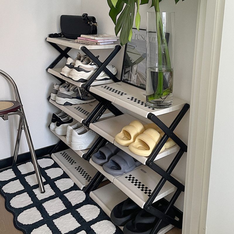 簡単組み立て モノクロ チェック柄 シューズラック kocol