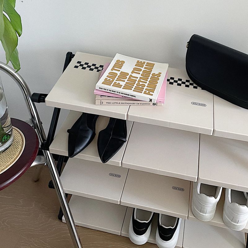 簡単組み立て モノクロ チェック柄 シューズラック kocol