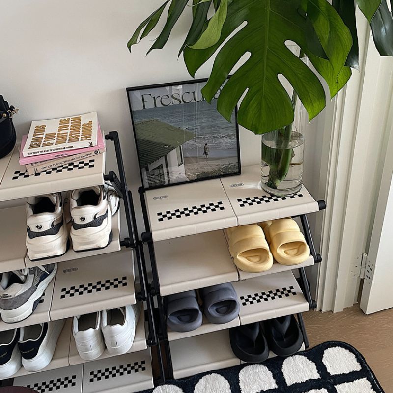 簡単組み立て モノクロ チェック柄 シューズラック kocol