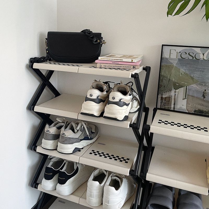 簡単組み立て モノクロ チェック柄 シューズラック kocol