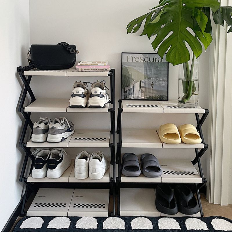 簡単組み立て モノクロ チェック柄 シューズラック kocol