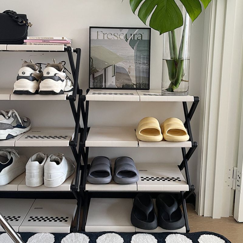 簡単組み立て モノクロ チェック柄 シューズラック kocol