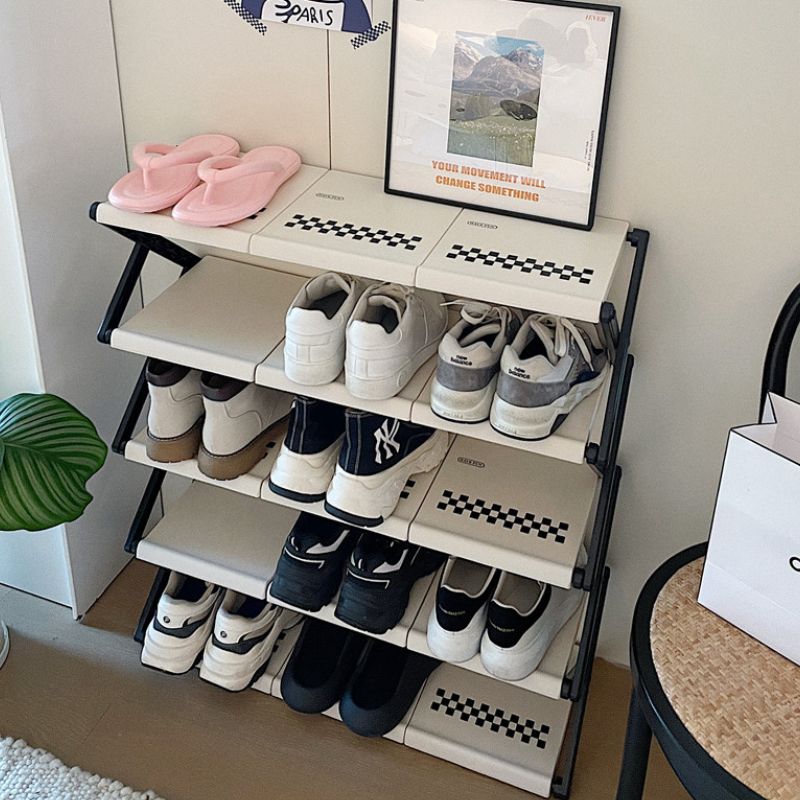 簡単組み立て モノクロ チェック柄 シューズラック kocol