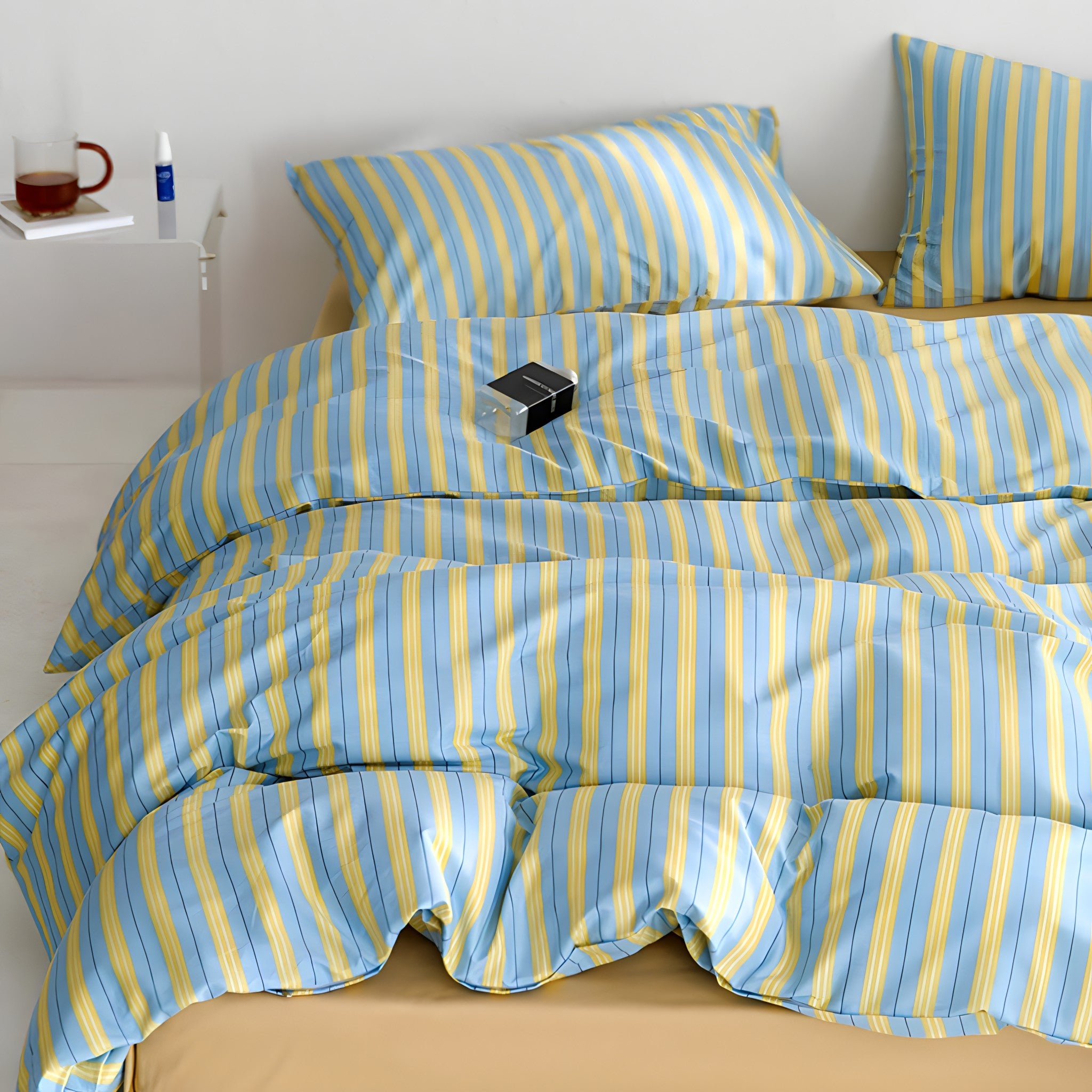 イエローブルーストライプコットン寝具セット
