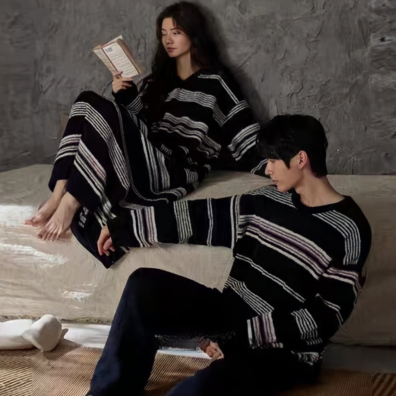 Fluffy multi-color dark striped loungewear